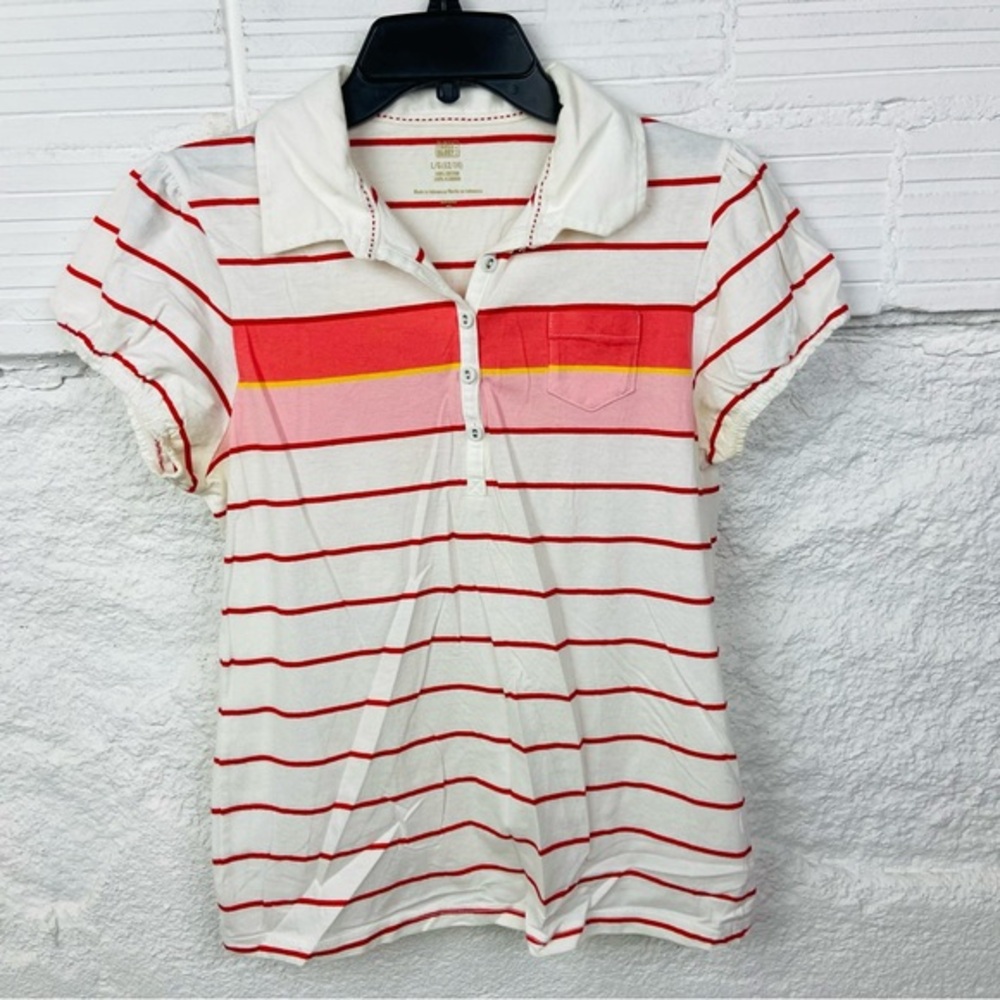 Faded glory cotton Striped ruffle sleeve Polo Shirt with orange & Pink Accents L